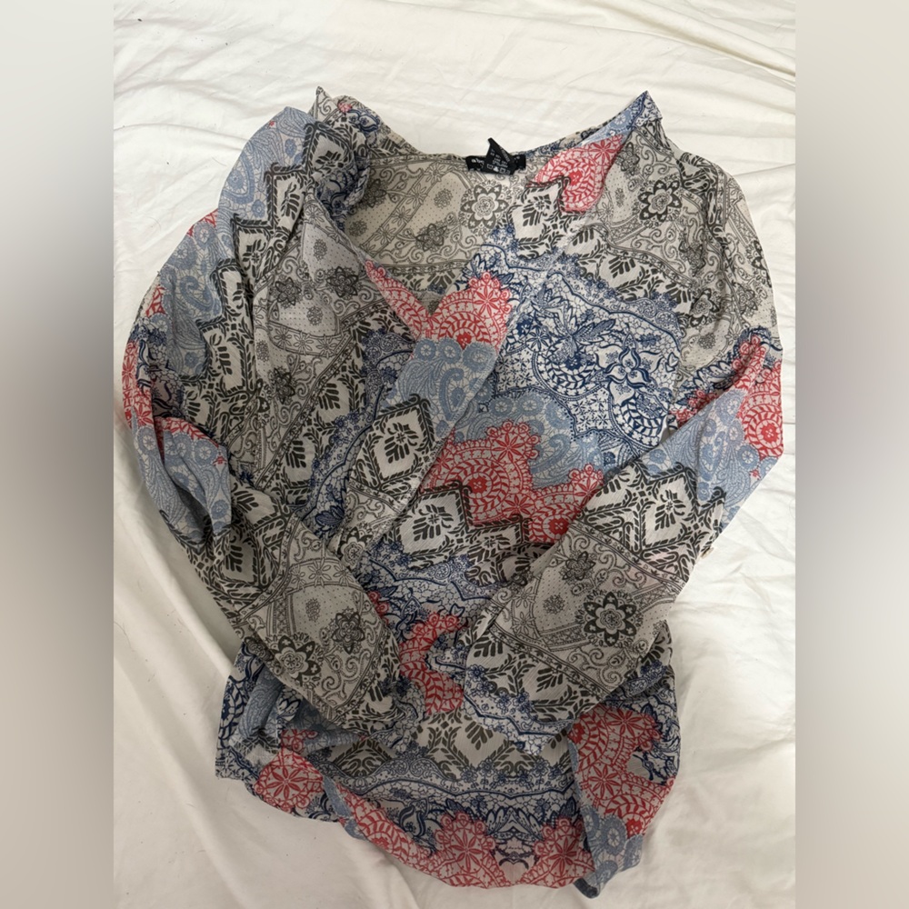 Graphic Red and Blue Long Sleeve Blouse with Mandarin Collar